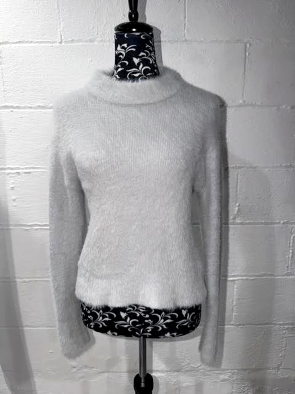 Japanese Brand Light Gray/white Fuzzy Eyelash Mock Neck Coquette Sweater M